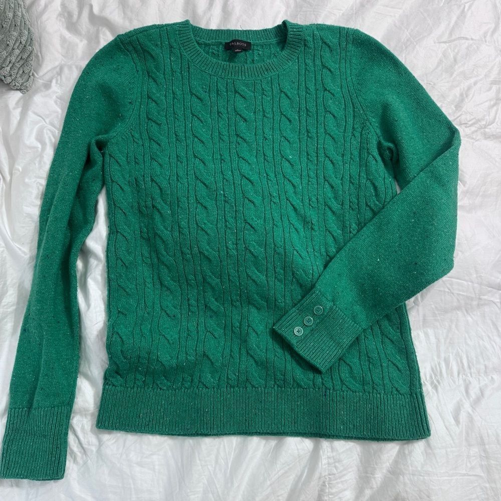 Talbots Fisherman Cable Knit Sweater Green Button Cuff Small-excellent condition